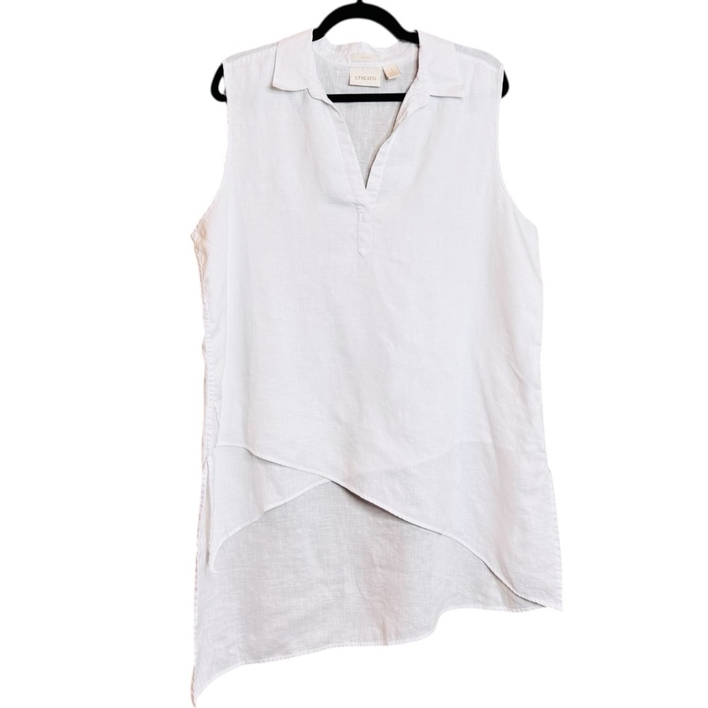 Chico's White Linen Sleeveless Hi Low Asymmetrical V Neck Blouse Top Tunic 3 XL
